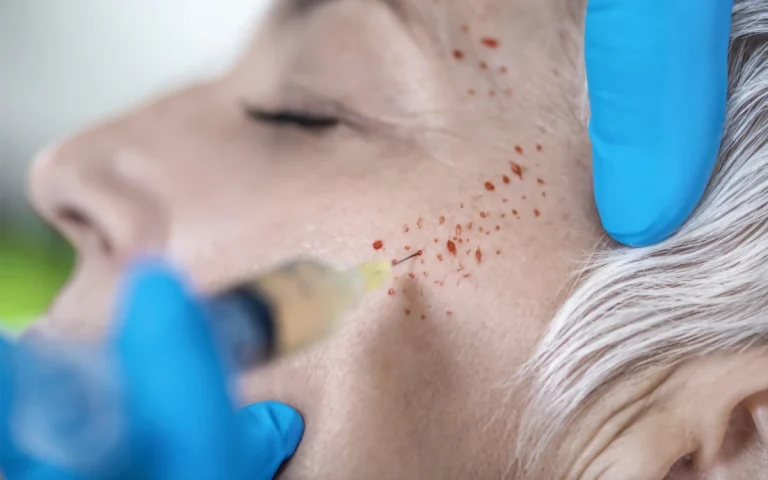 صورت یک زن که پزشک در نقاط مختلفی از شقیقه و بالای ابروی او پی آر پی کرده است و در نقاط تزریق کمی خون آمده است