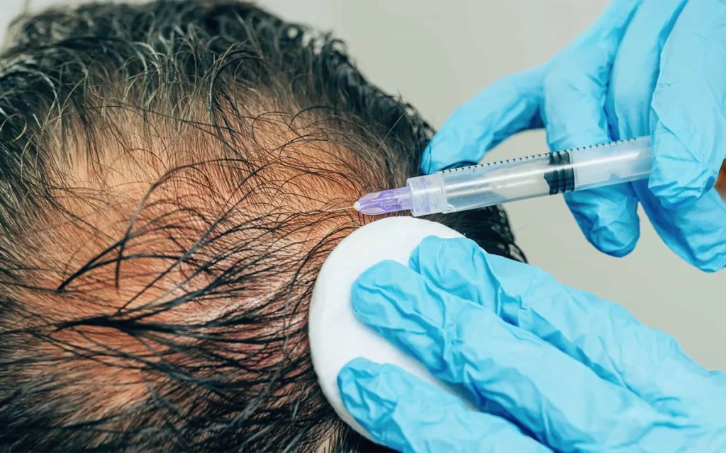 پزشک در حال تزریق آمپول مزوتراپی مو به فرق سر مردی که موهای او در این ناحیه کم پشت شده است
