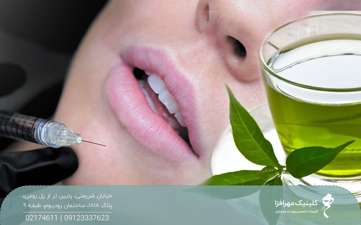 عکس سرنگ فیلر که کنار لب دختر نگه داشته شده و لیوان چای که در سمت راست تصویر قرار گرفته است